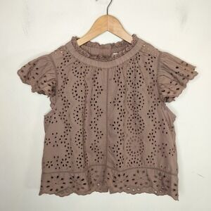 Eyelet Smocked Neck Short Sleeve Blouse - Taupe